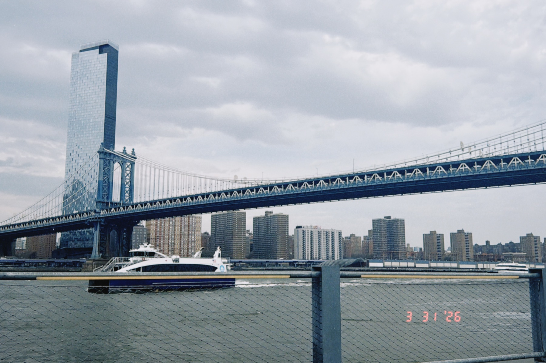 View from DUMBO toward the water and Manhattan Bridge in March 2026.